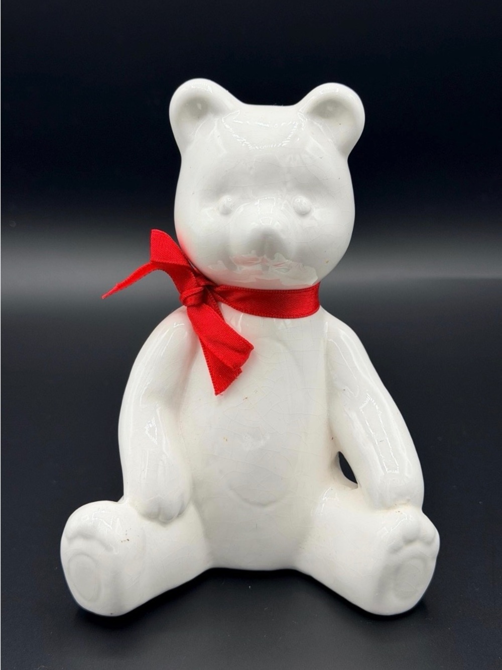 Vintage Ceramic Teddy Bear Piggy Bank White Porcelain Coin Bank w/ Red Ribbon